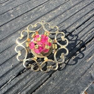 Vintage Pink Crystal Rhinestone Beaded Cluster Brooch Pin Prong Set in Gold Tone